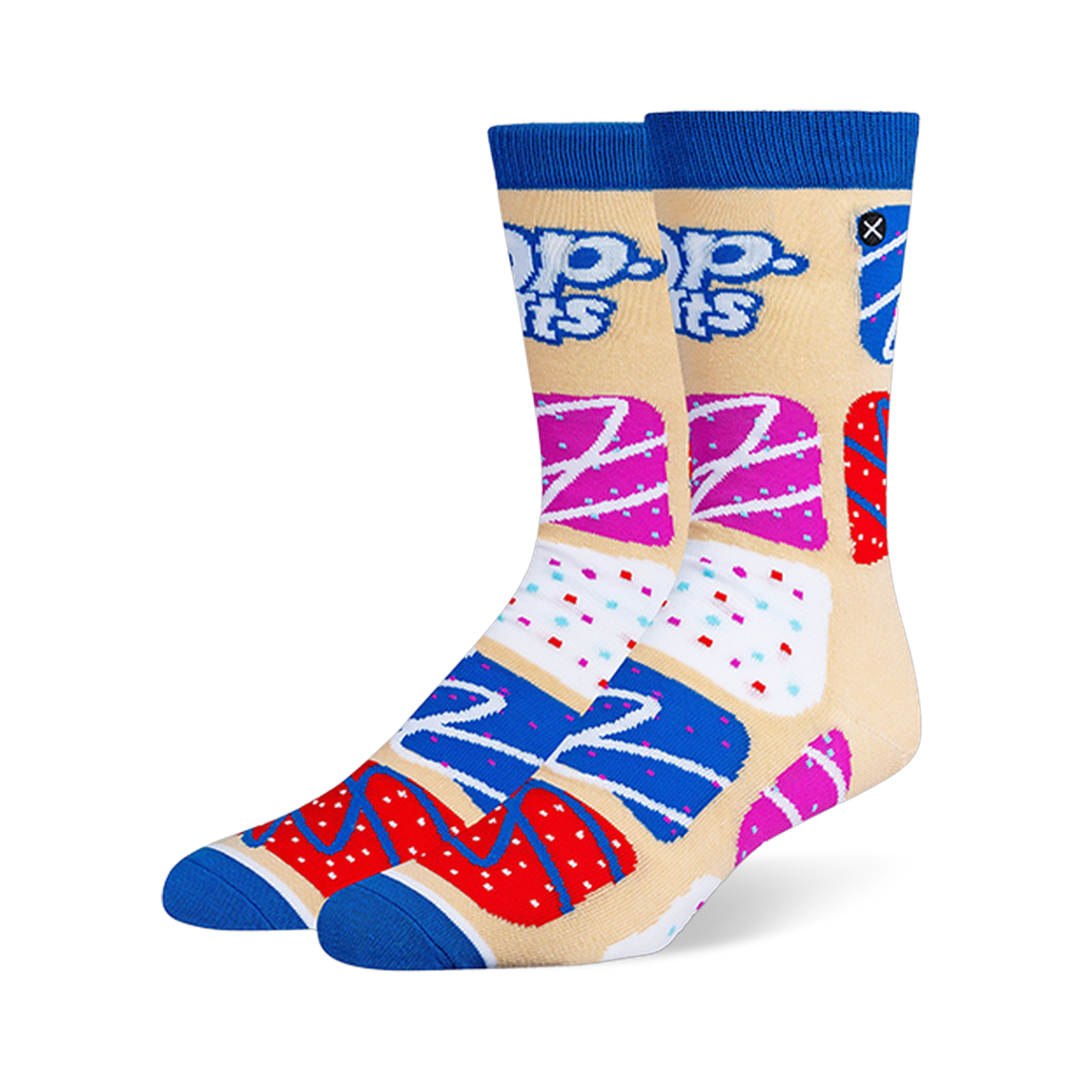 Beige crew socks with blue cuffs and toes, featuring the Pop-Tarts logo and a pattern of colorful frosted toaster pastries.