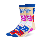 Beige crew socks with blue cuffs and toes, featuring the Pop-Tarts logo and a pattern of colorful frosted toaster pastries.
