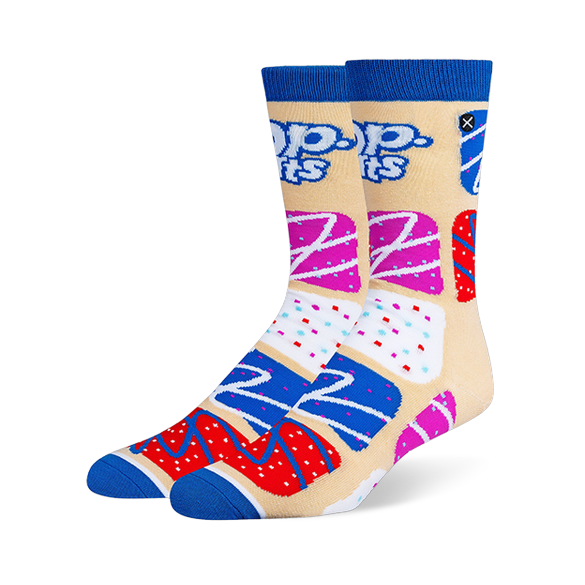 Beige crew socks with blue cuffs and toes, featuring the Pop-Tarts logo and a pattern of colorful frosted toaster pastries.