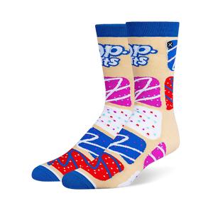 Beige crew socks with blue cuffs and toes, featuring the Pop-Tarts logo and a pattern of colorful frosted toaster pastries.