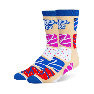 Beige crew socks with blue cuffs and toes, featuring the Pop-Tarts logo and a pattern of colorful frosted toaster pastries.