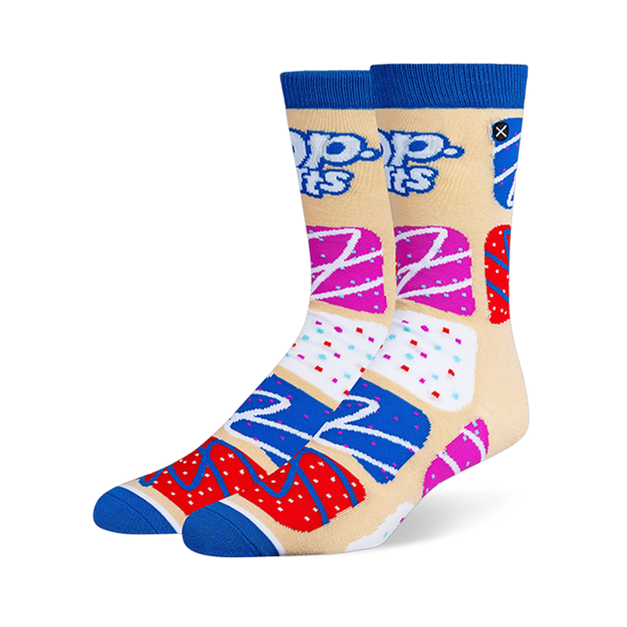 Beige crew socks with blue cuffs and toes, featuring the Pop-Tarts logo and a pattern of colorful frosted toaster pastries.