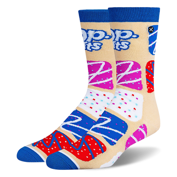 Beige crew socks with blue cuffs and toes, featuring the Pop-Tarts logo and a pattern of colorful frosted toaster pastries.