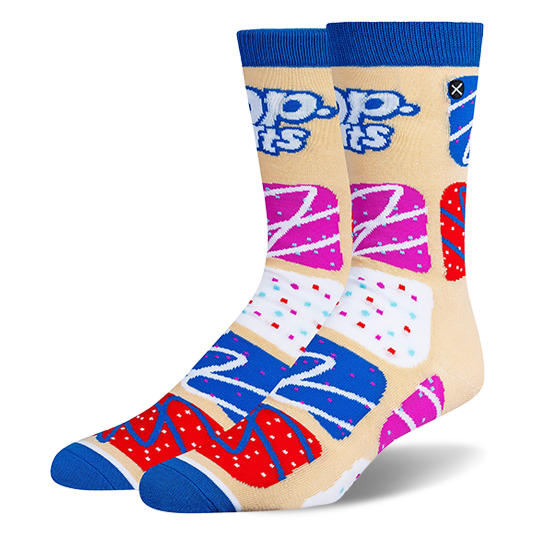 Beige crew socks with blue cuffs and toes, featuring the Pop-Tarts logo and a pattern of colorful frosted toaster pastries.