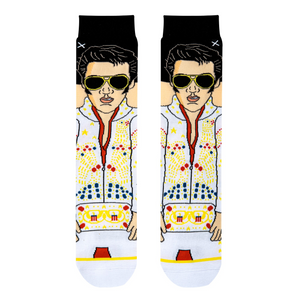 Close-up showing the detailed Elvis Presley design on the socks, highlighting the pixel art style and color palette.