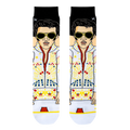 Close-up showing the detailed Elvis Presley design on the socks, highlighting the pixel art style and color palette.