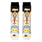 Close-up showing the detailed Elvis Presley design on the socks, highlighting the pixel art style and color palette.