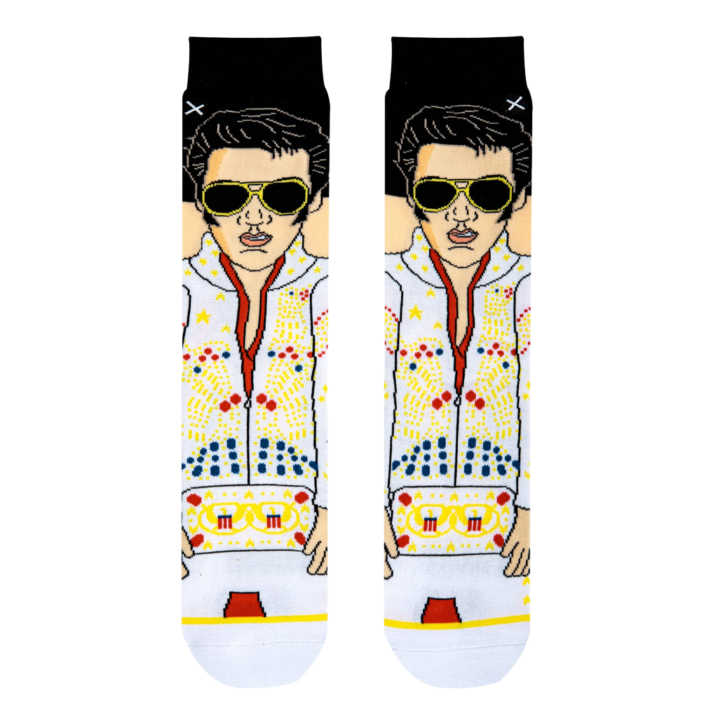 Close-up showing the detailed Elvis Presley design on the socks, highlighting the pixel art style and color palette.