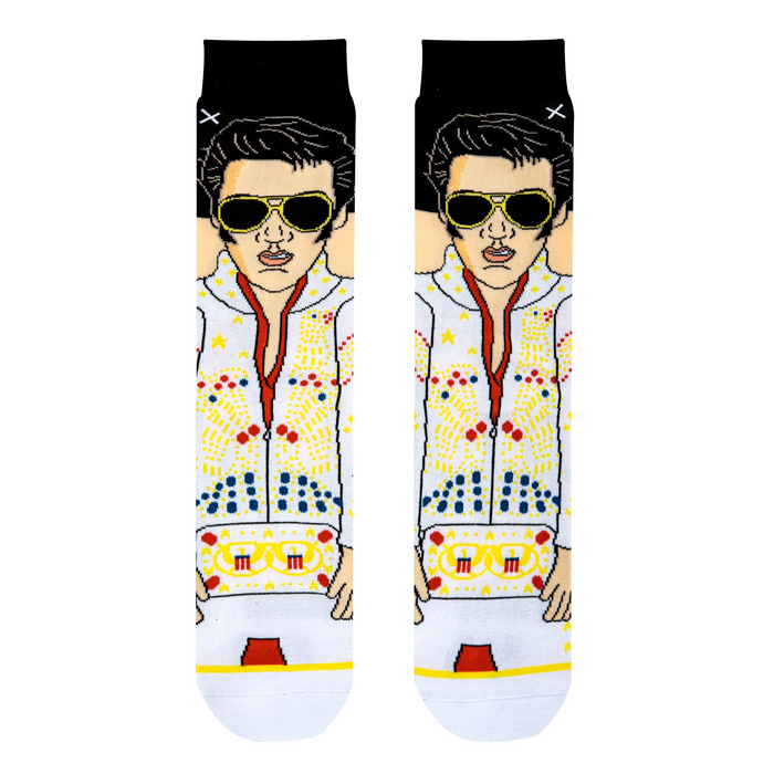 Close-up showing the detailed Elvis Presley design on the socks, highlighting the pixel art style and color palette.