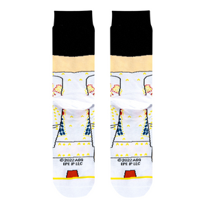 Back of the Elvis Presley socks showcasing the full jumpsuit design and copyright information.