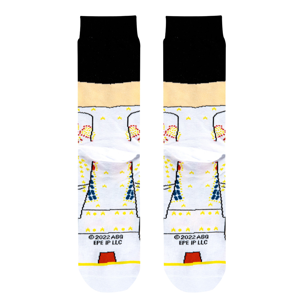Back of the Elvis Presley socks showcasing the full jumpsuit design and copyright information.