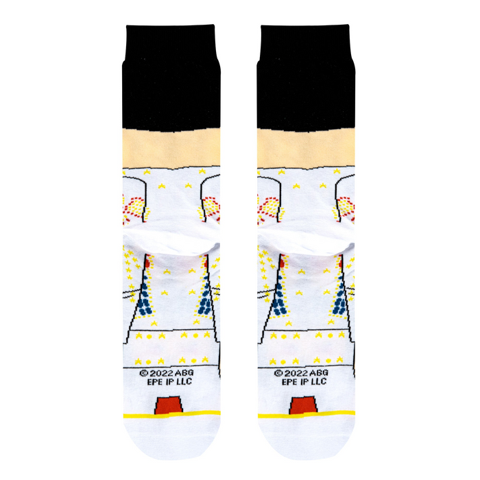 Back of the Elvis Presley socks showcasing the full jumpsuit design and copyright information.