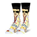 Crew socks featuring a colorful, pixel-art design of Elvis Presley in his iconic white jumpsuit, complete with gold detailing and sunglasses.