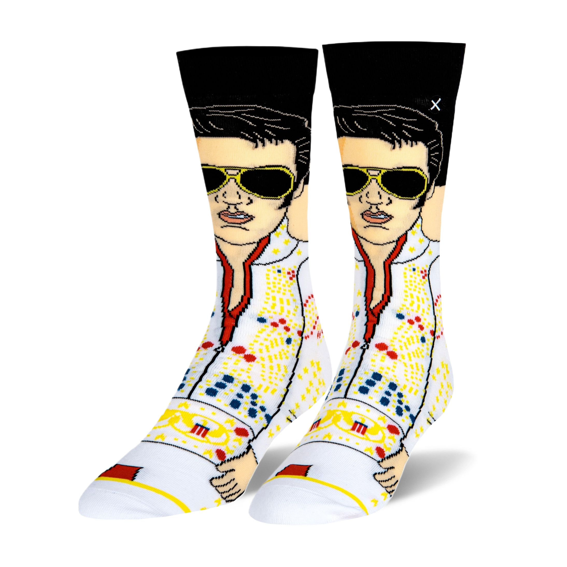 Crew socks featuring a colorful, pixel-art design of Elvis Presley in his iconic white jumpsuit, complete with gold detailing and sunglasses.