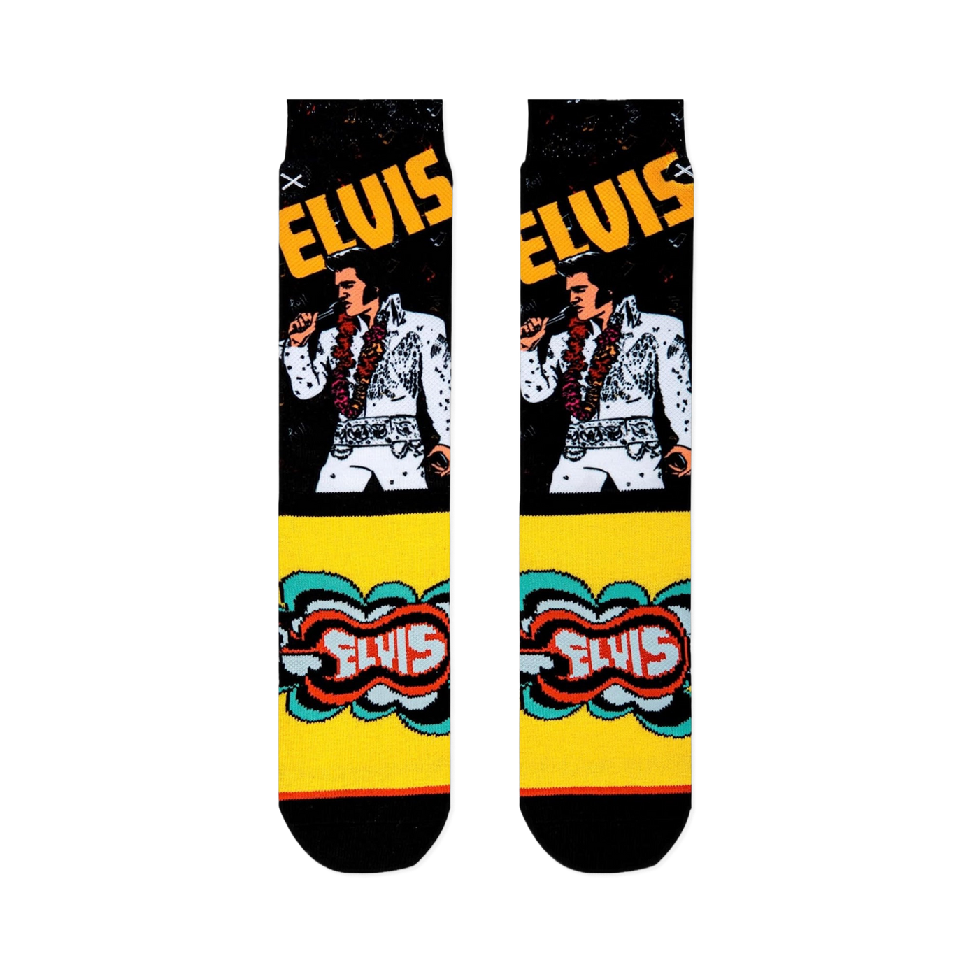 Flat lay of Elvis crew socks showing the King in his white jumpsuit on a black leg, with a bright yellow retro foot design.