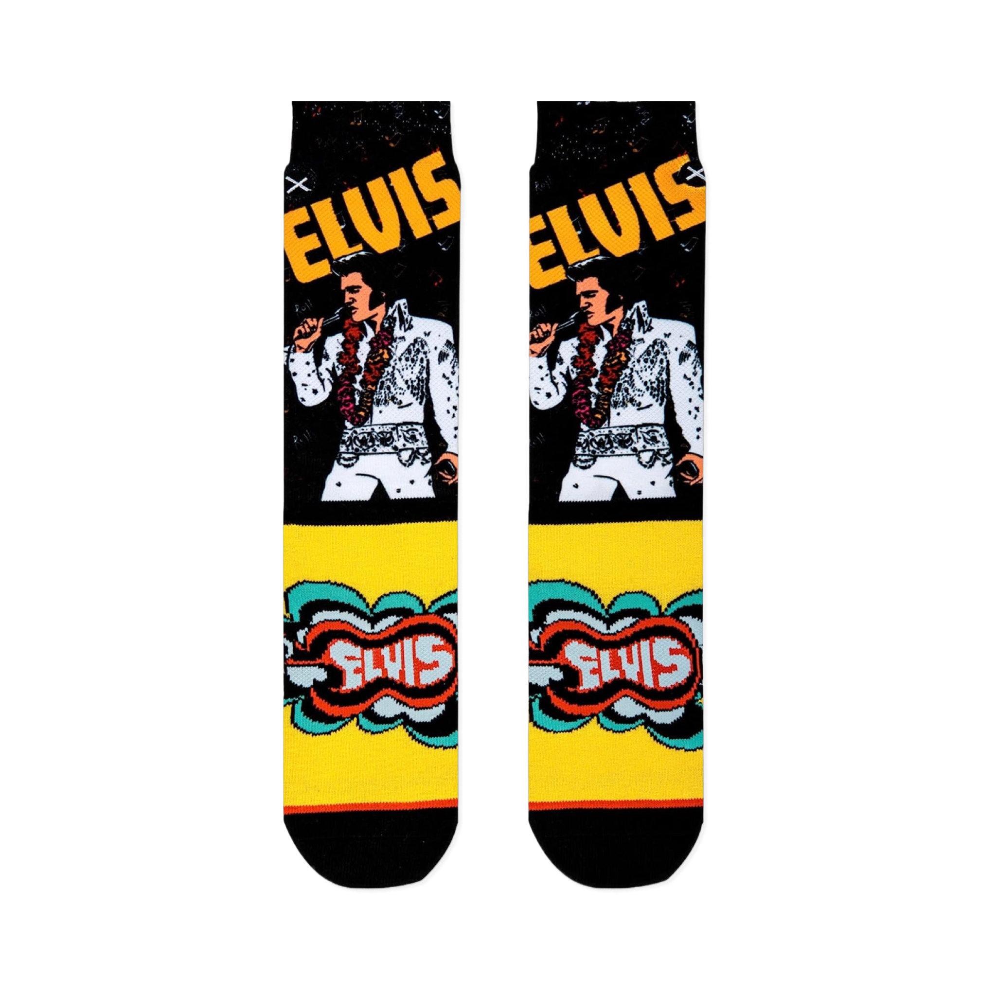 Flat lay of Elvis crew socks showing the King in his white jumpsuit on a black leg, with a bright yellow retro foot design.
