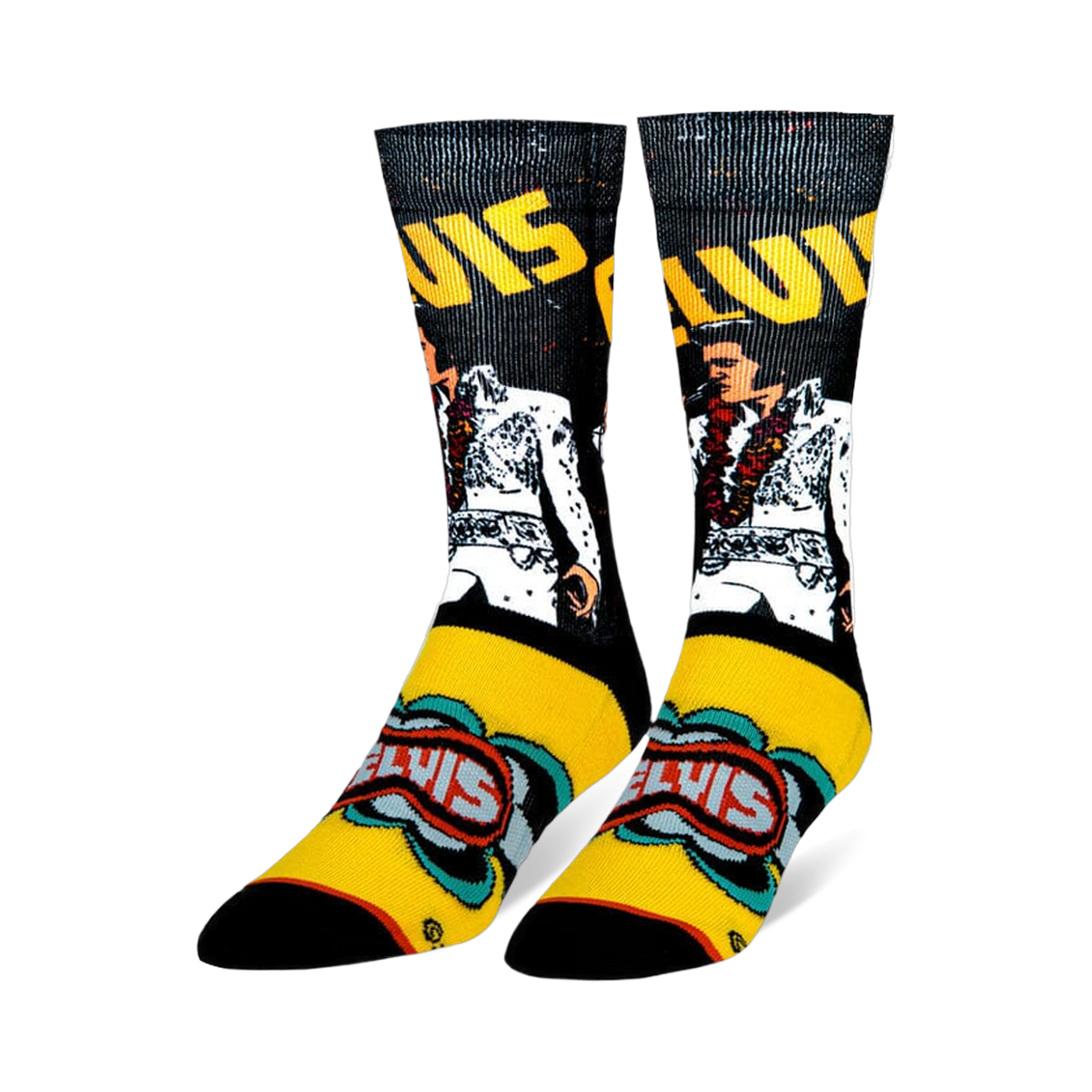 Crew socks featuring Elvis in a white jumpsuit with a lei on a black background, plus retro yellow and blue graphics on foot.