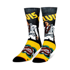 Crew socks featuring Elvis in a white jumpsuit with a lei on a black background, plus retro yellow and blue graphics on foot.