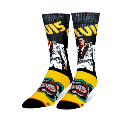 Crew socks featuring Elvis in a white jumpsuit with a lei on a black background, plus retro yellow and blue graphics on foot.