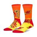 Flamin' Hot Split crew socks feature a vibrant orange and yellow design with Cheetos branding and flame details.
