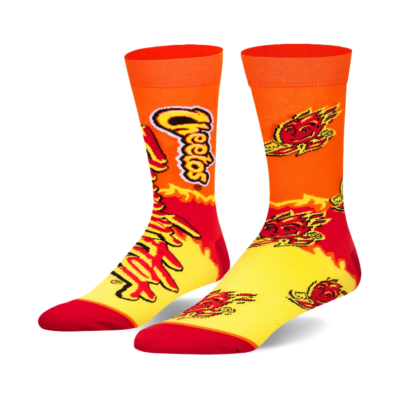 Flamin' Hot Split crew socks feature a vibrant orange and yellow design with Cheetos branding and flame details.
