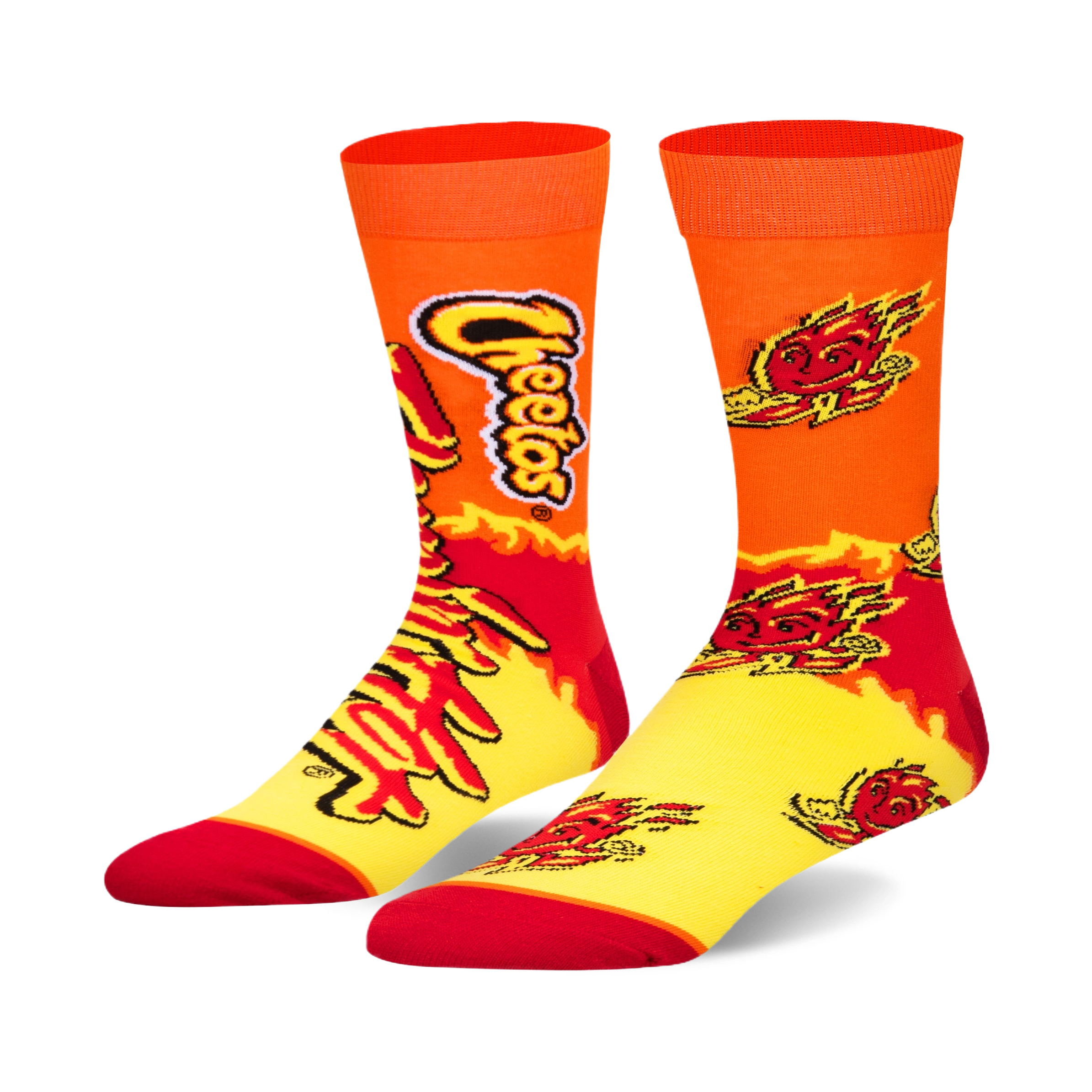Flamin' Hot Split crew socks feature a vibrant orange and yellow design with Cheetos branding and flame details.