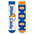 Flatlay showcasing a pair of White Castle socks. One sock shows the White Castle logo, the other has a repeated pattern of White Castle sliders.