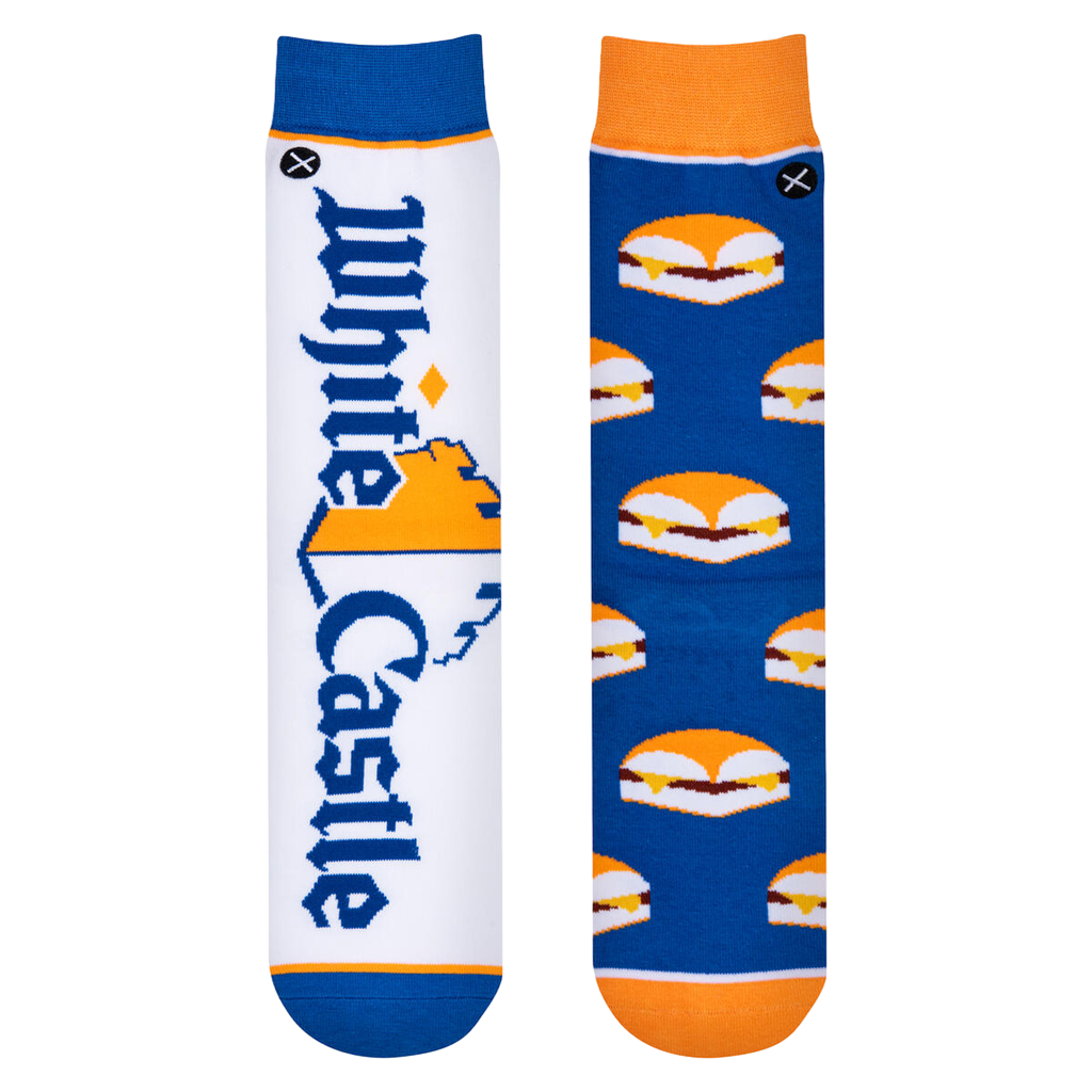 Flatlay showcasing a pair of White Castle socks. One sock shows the White Castle logo, the other has a repeated pattern of White Castle sliders.