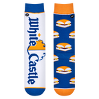 Flatlay showcasing a pair of White Castle socks. One sock shows the White Castle logo, the other has a repeated pattern of White Castle sliders.