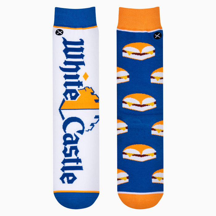 Flatlay showcasing a pair of White Castle socks. One sock shows the White Castle logo, the other has a repeated pattern of White Castle sliders.