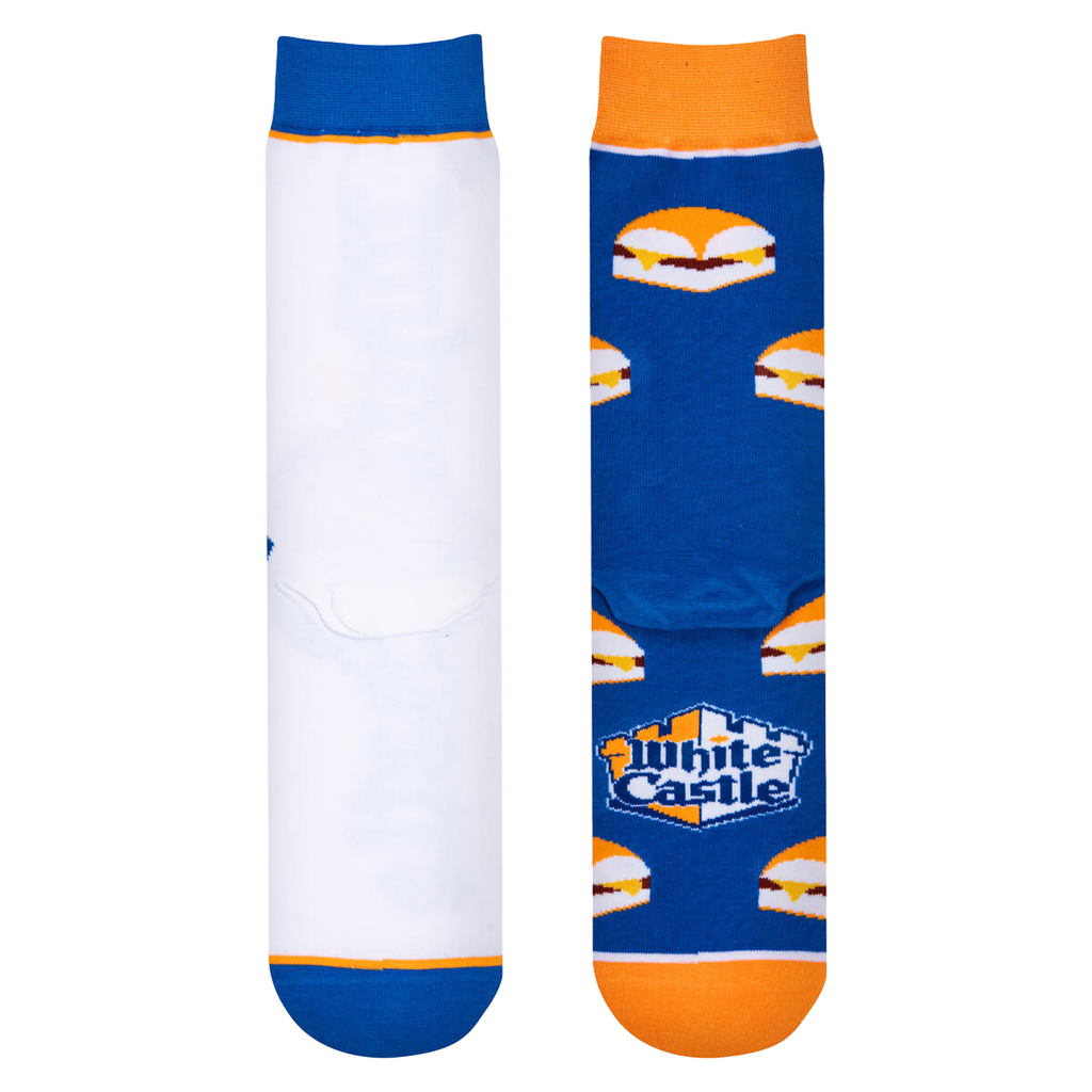 Close-up showcasing the inside and back of the White Castle socks. Shows the inside of the socks and detail of the heel.