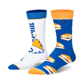 Pair of crew socks; one white with White Castle logo, the other blue with White Castle slider pattern. Orange and blue cuffs.
