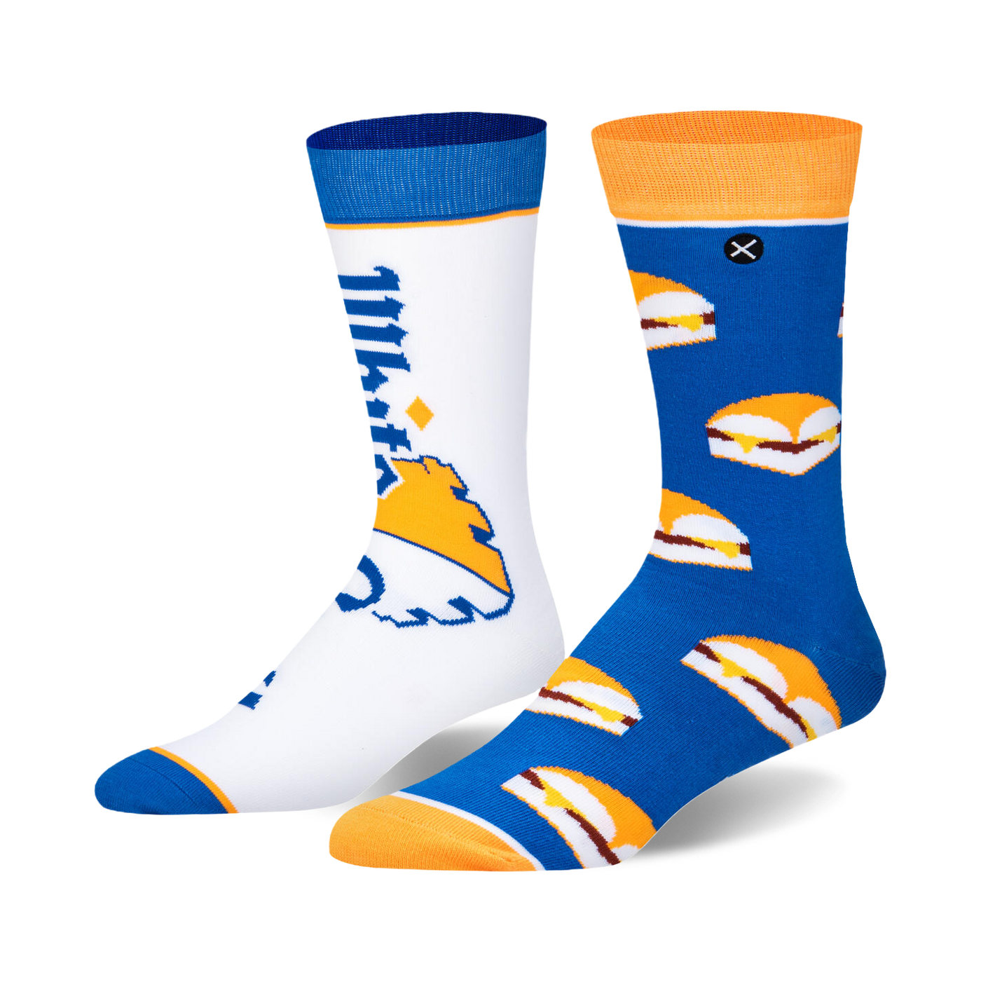 Pair of crew socks; one white with White Castle logo, the other blue with White Castle slider pattern. Orange and blue cuffs.