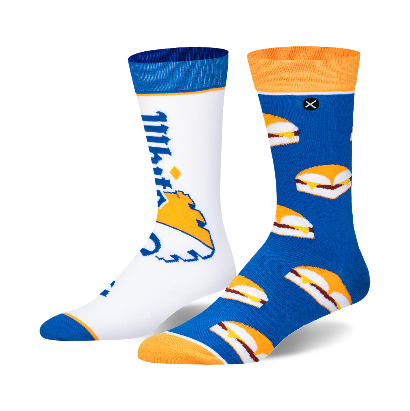 Pair of crew socks; one white with White Castle logo, the other blue with White Castle slider pattern. Orange and blue cuffs.