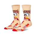 Pair of crew socks, beige background with red and white Tapatio hot sauce bottles and logo, featuring the Tapatio man.