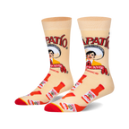 Pair of crew socks, beige background with red and white Tapatio hot sauce bottles and logo, featuring the Tapatio man.