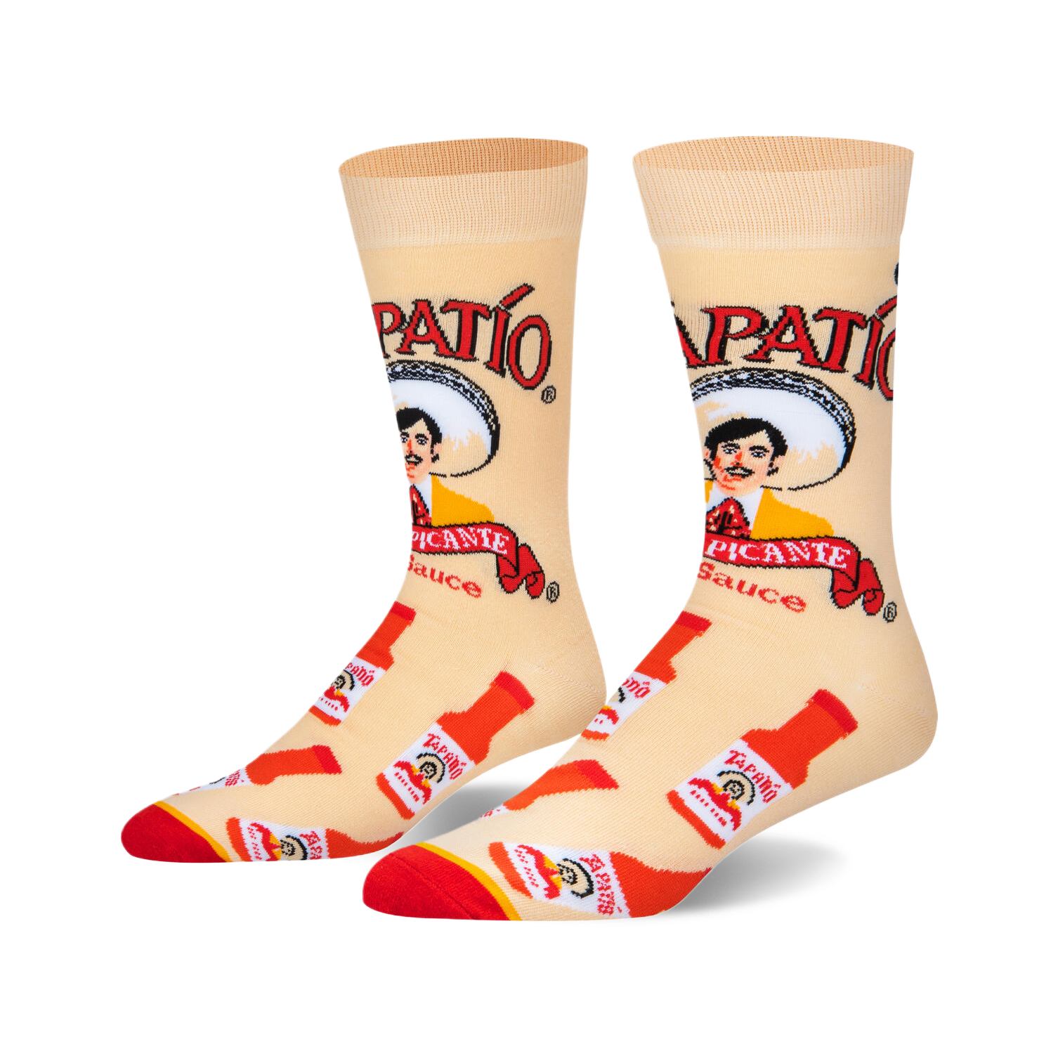 Pair of crew socks, beige background with red and white Tapatio hot sauce bottles and logo, featuring the Tapatio man.