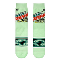 Close-up studio shot of a pair of Mountain Dew Baja Blast socks, showcasing the design details.