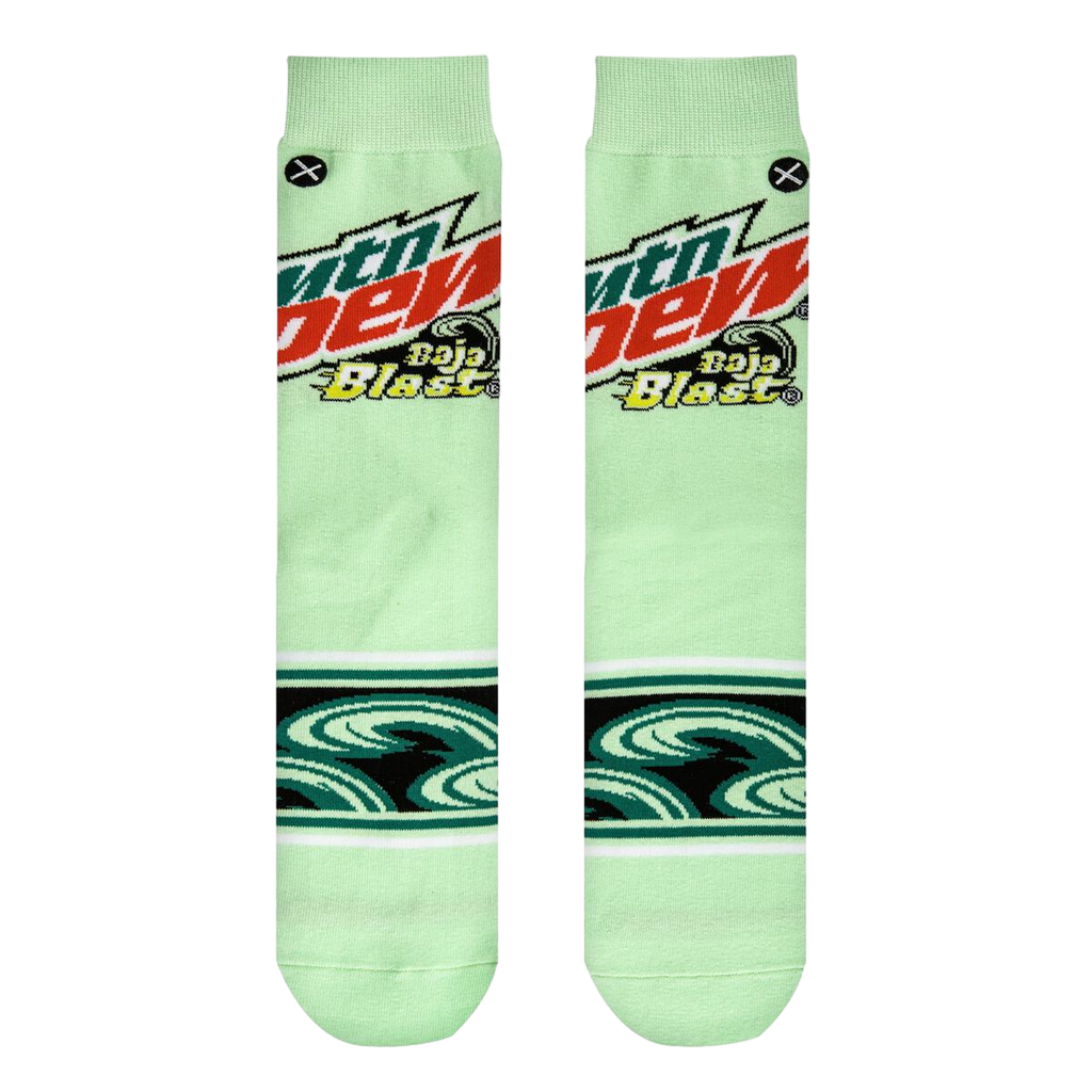 Close-up studio shot of a pair of Mountain Dew Baja Blast socks, showcasing the design details.