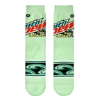 Close-up studio shot of a pair of Mountain Dew Baja Blast socks, showcasing the design details.