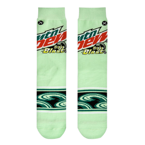 Close-up studio shot of a pair of Mountain Dew Baja Blast socks, showcasing the design details.