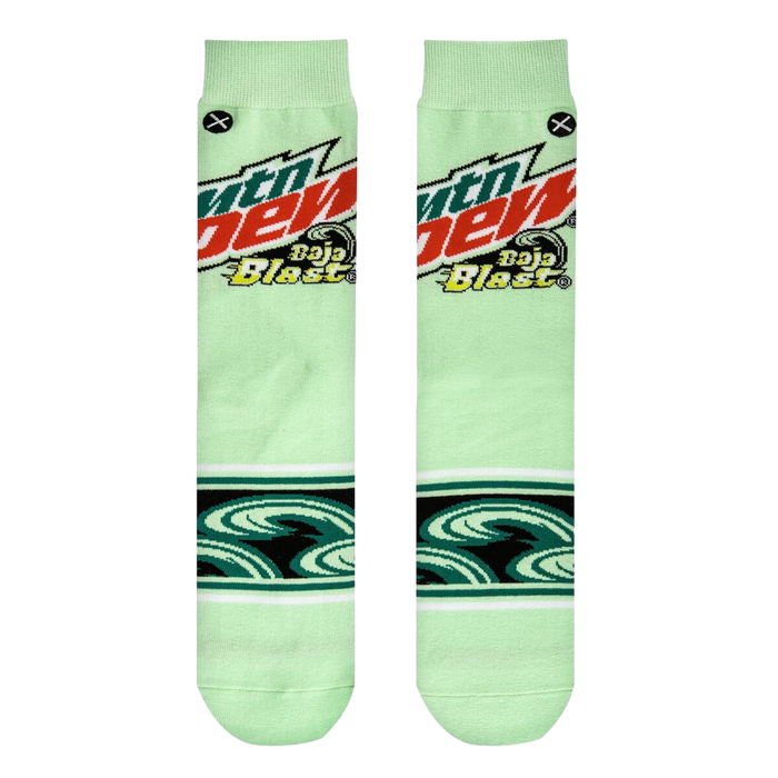 Close-up studio shot of a pair of Mountain Dew Baja Blast socks, showcasing the design details.
