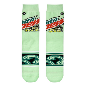 Close-up studio shot of a pair of Mountain Dew Baja Blast socks, showcasing the design details.