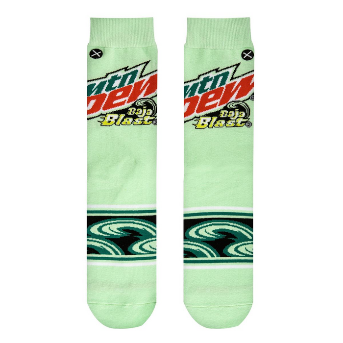 Close-up studio shot of a pair of Mountain Dew Baja Blast socks, showcasing the design details.