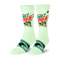 Pair of crew socks in lime green featuring the Mountain Dew Baja Blast logo and teal wave designs.