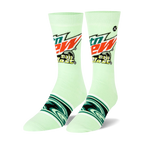 Pair of crew socks in lime green featuring the Mountain Dew Baja Blast logo and teal wave designs.