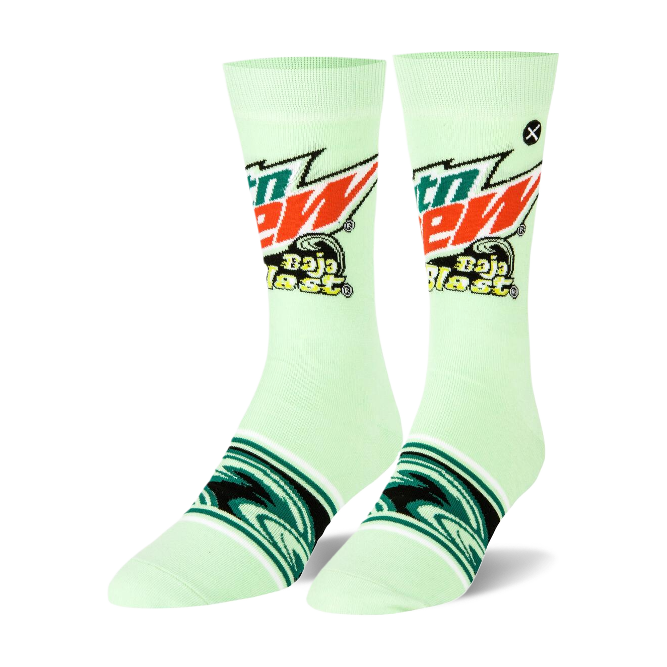 Pair of crew socks in lime green featuring the Mountain Dew Baja Blast logo and teal wave designs.