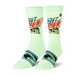 Pair of crew socks in lime green featuring the Mountain Dew Baja Blast logo and teal wave designs.