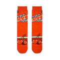 Flat lay of two orange socks side-by-side, displaying the Mtn Dew logo on the top half and cherry graphics on the bottom.