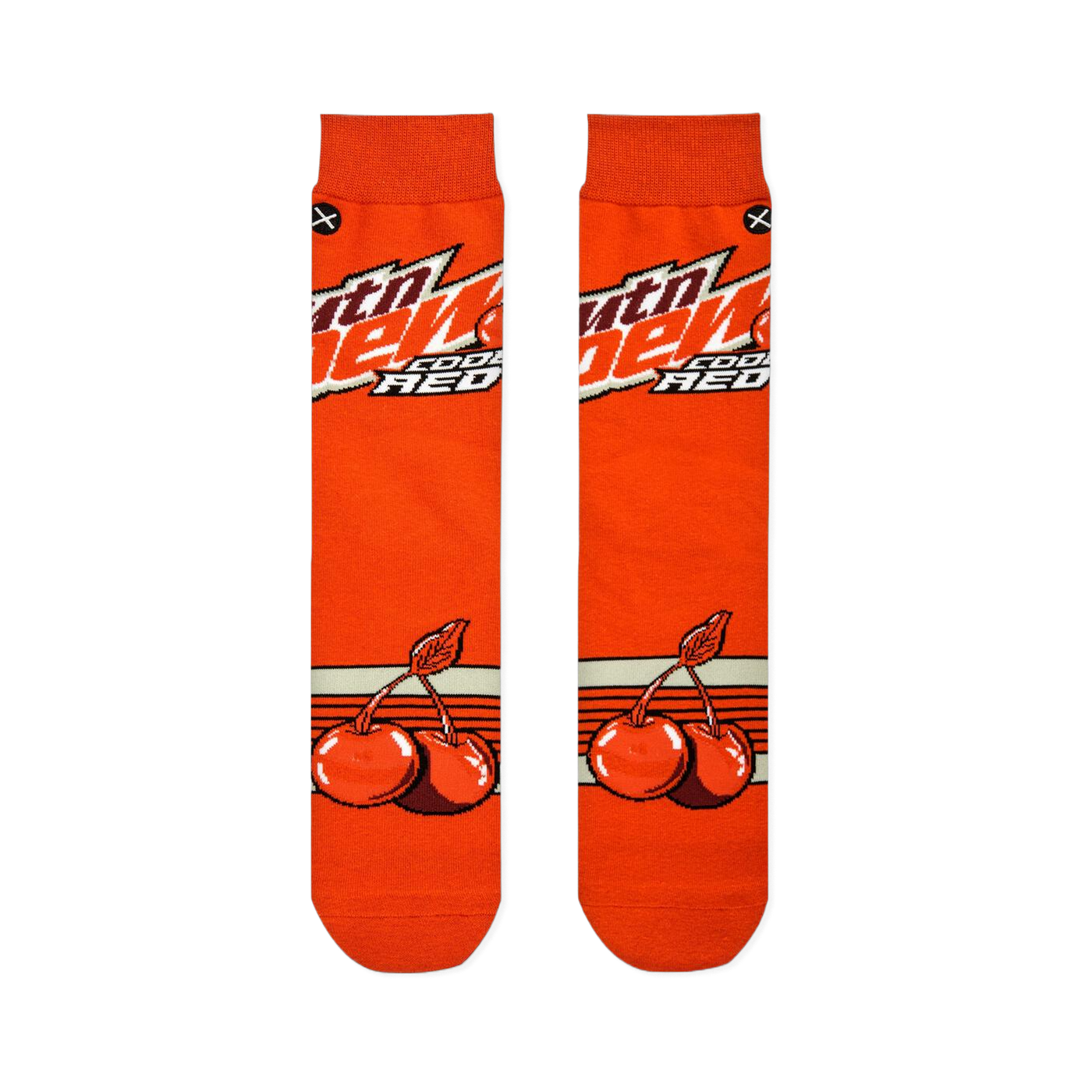 Flat lay of two orange socks side-by-side, displaying the Mtn Dew logo on the top half and cherry graphics on the bottom.